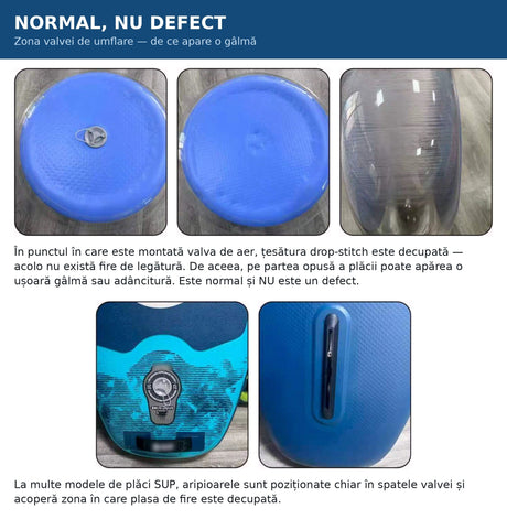 Placă SUP – zona valvei de umflare fără fire drip-stitch, gâlma este normală