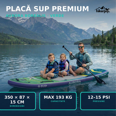 Placă SUP gonflabilă premium Aurora Borealis verde 350×87×15 cm, capacitate maximă 193 kg, presiune 12–15 PSI