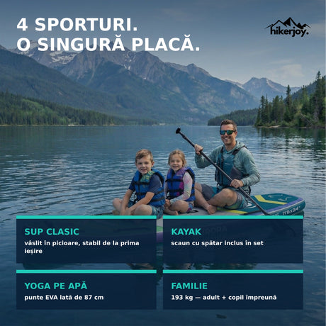 Utilizări placă SUP Aurora Borealis verde: SUP clasic, kayak cu scaun inclus, yoga pe apă, ieșiri în familie — capacitate 193 kg