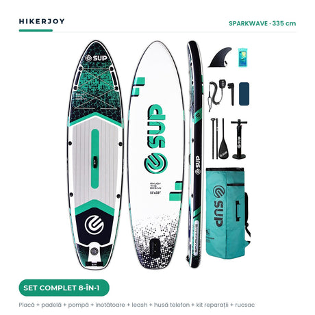 Placă SUP gonflabilă Sparkwave 335 cm, set complet cu padelă, pompă și accesorii, fundal alb