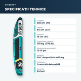 Specificații placă SUP 335 × 84 × 15 cm, capacitate 170 kg, presiune 12–15 psi