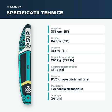Specificații placă SUP 335 × 84 × 15 cm, capacitate 170 kg, presiune 12–15 psi