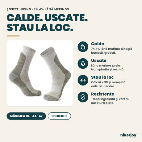 Beneficii șosete hikerjoy cu 74,4% lână merinos: calde, uscate, stau la loc, rezistente